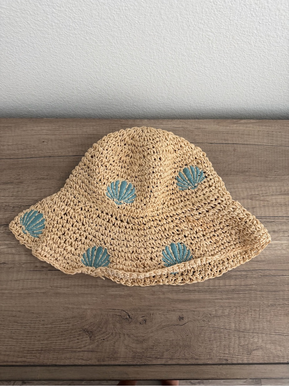 Vince Camuto Straw Bucket Hat with Teal Shell Embroidery